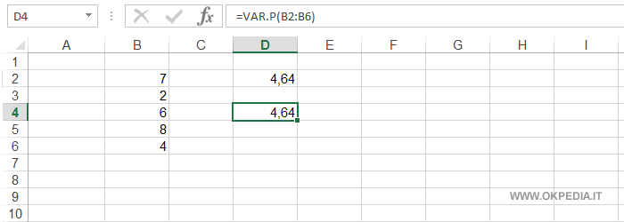 il calcolo della varianza della popolazione statistica tramite la funzione VAR.P