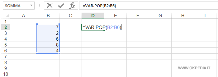 inserire la formula della varianza nella cella D2