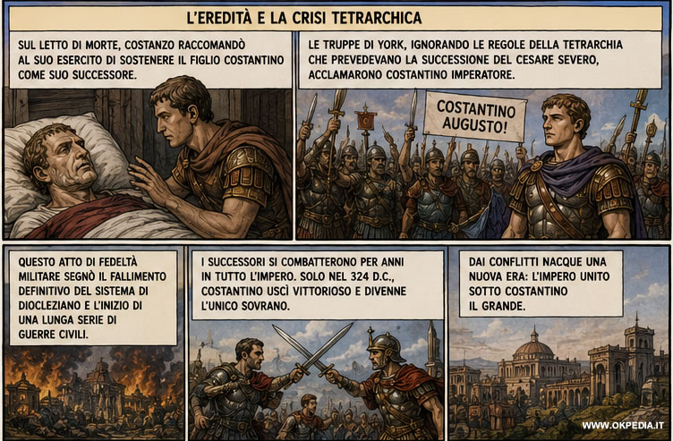 Costanzo Cloro mor&igrave; improvvisamente e l'esercito proclam&ograve; imperatore suo figlio Costantino