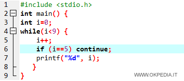 #include <stdio.h> int main() { int i=0; while(i<9) { 	i++; 	if (i==5) continue; 	printf("%d", i);    } }    