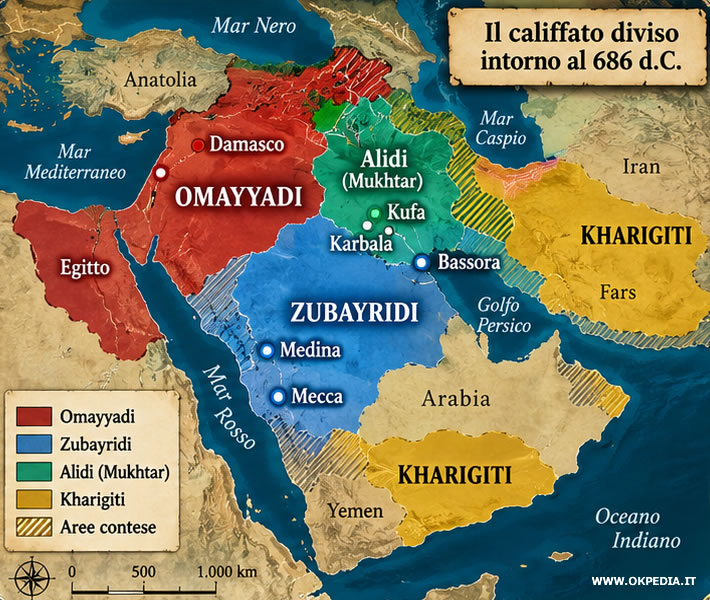 la mappa dell'impero arabo durante la seconda Fitna