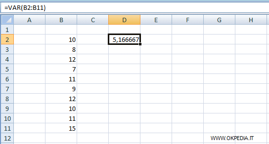 un esempio di calcolo della varianza campionaria sullo spreadsheet